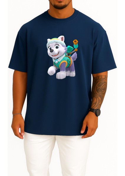 Oversize Siberian Husky Super Paw Patrol Adventure Göğüs Tasarımlı Unisex T-Shirt