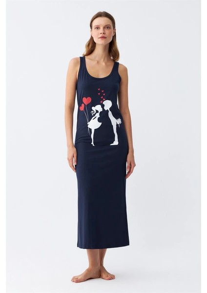 Moda Kadın Kalın Askılı Penye Uzun Lacivert Gecelik