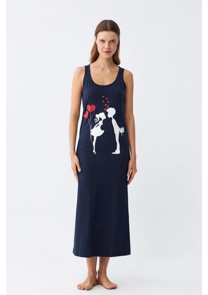 Moda Kadın Kalın Askılı Penye Uzun Lacivert Gecelik fiyatları