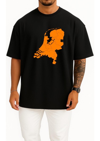 Oversize Netherlands Map Hollanda Ülke Haritası Göğüs Tasarımlı Unisex T-Shirt
