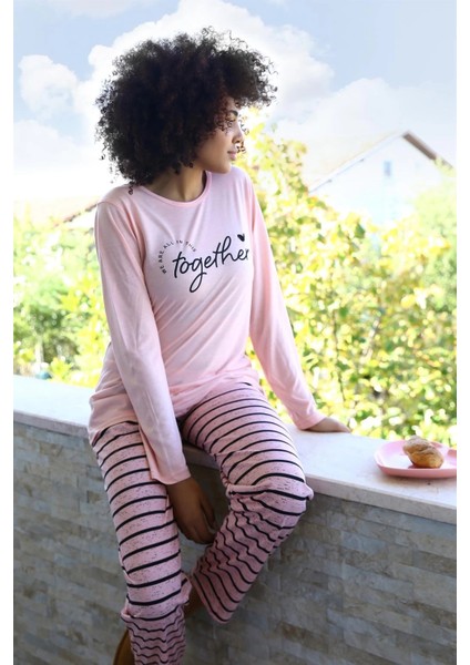 Moda Kadın Penye Uzun Kol Pijama Takım Pembe