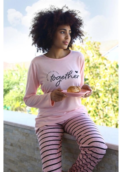 Moda Kadın Penye Uzun Kol Pijama Takım Pembe fiyatları