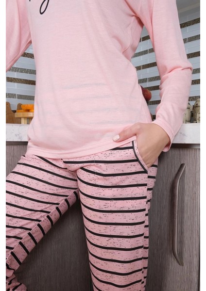 Moda Kadın Penye Uzun Kol Pijama Takım Pembe indirimleri