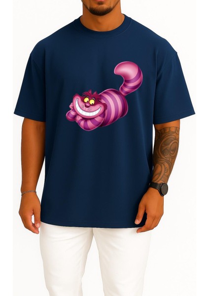 Oversize Alice Harikalar Diyarında Cheshire Illüstrasyon Göğüs Tasarımlı Unisex T-Shirt