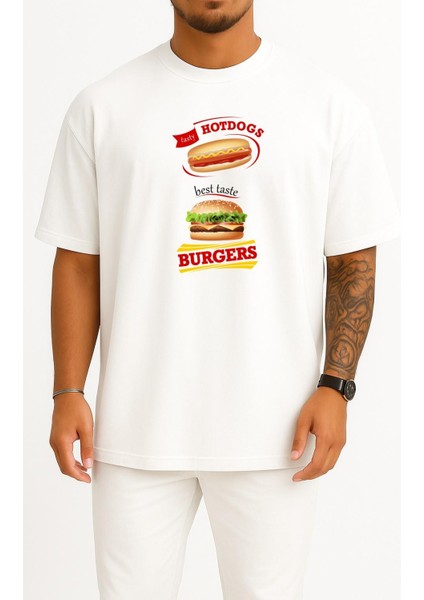 Oversize Sosisli ve Hamburger Illüstrasyon, Hamburger Fast Food Göğüs Tasarımlı Unisex T-Shirt