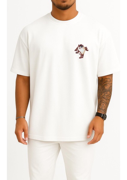 Oversize Tazmanya Şeytanı Karikatür Looney Tunes Cep Tasarımlı Unisex T-Shirt