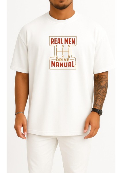 Oversize Gerçek Adamlar Manuel Araba Kullanır Göğüs Tasarımlı Unisex T-Shirt