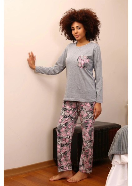 Moda Kadın Uzun Kol Penye Pijama Takım Gri