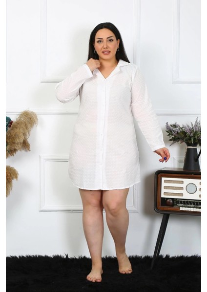 Moda Kadın Büyük Beden Pamuk Dokuma Düğmeli Uzun Kol Ekru Tunik Gecelik