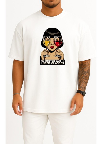 Oversize Doktor Gözlüğe Ihtiyacım Olduğunu Söyledi Göğüs Tasarımlı Unisex T-Shirt