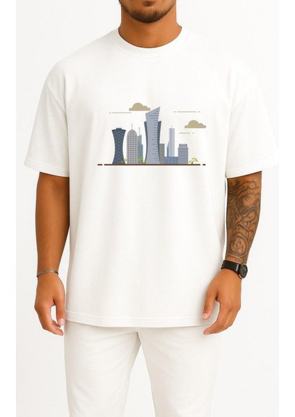 Oversize Illustration Of High-Rise Buildings Qatar Göğüs Tasarımlı Unisex T-Shirt