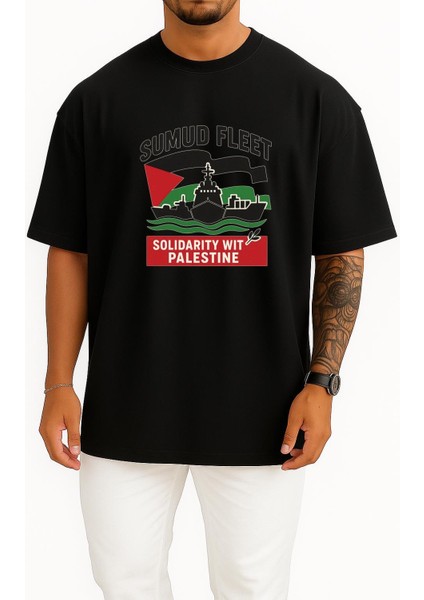 Oversize Sumud Fleet Göğüs Tasarımlı Unisex T-Shirt