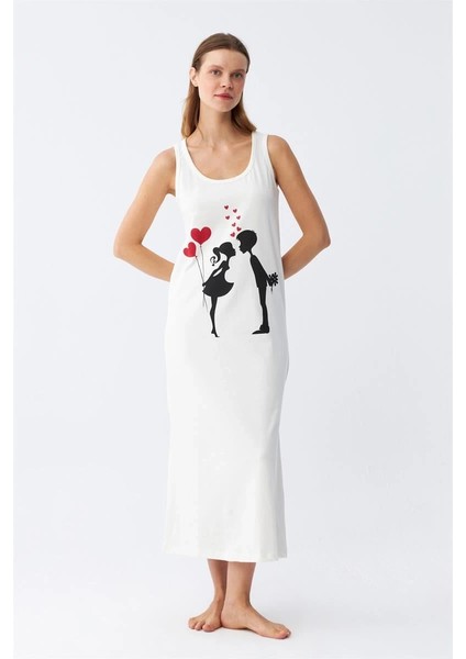 Moda Kadın Kalın Askılı Penye Uzun Ekru Gecelik modelleri