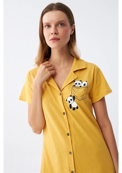 Moda Kadın Pamuk Penye Kısa Kol Düğmeli Sarı Tunik Gecelik fırsatları