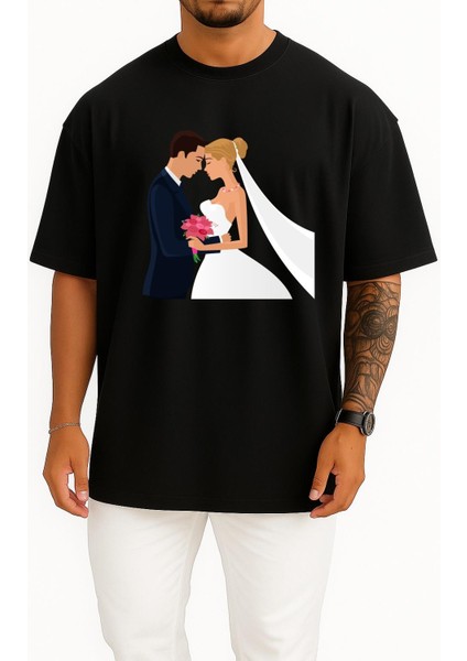 Oversize Bridegroom Marriage Wedding Invitation Göğüs Tasarımlı Unisex T-Shirt