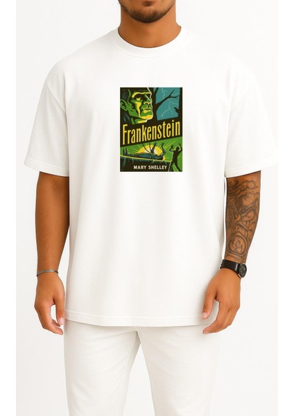 Oversize Frankenstein Mary Shelley Hallowen Göğüs Tasarımlı Unisex T-Shirt