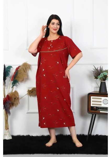 Moda Kadın Büyük Beden Kısa Kol Bordo Anne Gecelik