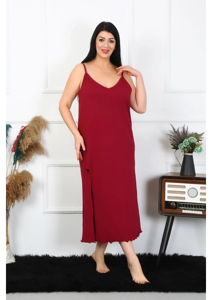 Moda Kadın Büyük Beden Ip Askılı Pamuklu Bordo Uzun Gecelik fırsatları