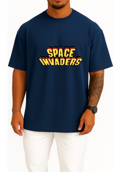 Oversize Space Invaders Video Game Göğüs Tasarımlı Unisex T-Shirt
