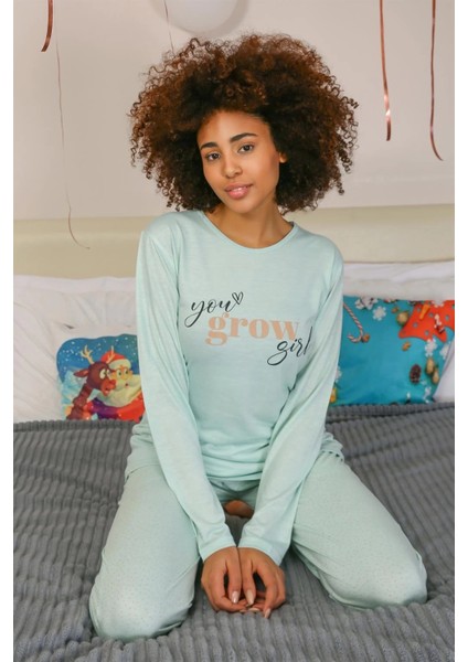 Moda Kadın Penye Uzun Kol Pijama Takım Su Yeşili fırsatları