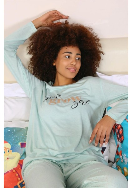 Moda Kadın Penye Uzun Kol Pijama Takım Su Yeşili indirimleri