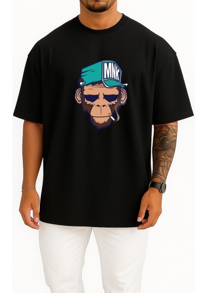 Oversize Monkey Drawing Illustration Nyse - Maymun Göğüs Tasarımlı Unisex T-Shirt