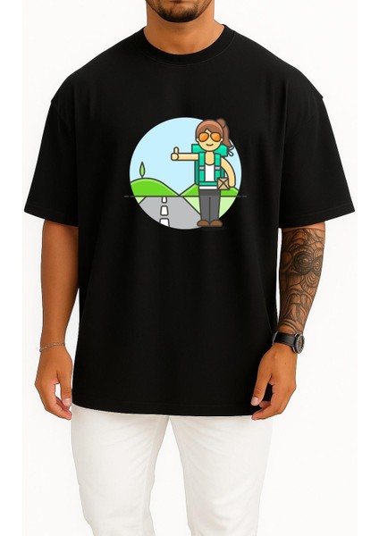 Oversize Otostop Gezgin Kadın - Traveller Göğüs Tasarımlı Unisex T-Shirt