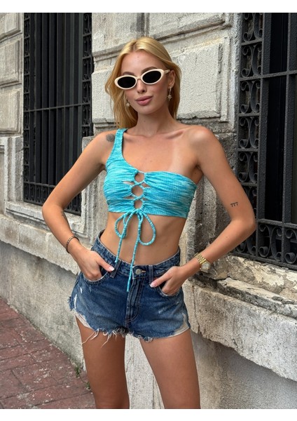 Kadın Tek Kol Askılı Önden Bağlamalı Tasarım Spor Şık Pamuk Crop Top Yazlık Bluz indirimleri