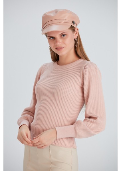 Kadın Balon Uzun Kol Pudra Rengi Spor Şık Triko Bluz