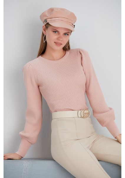 Kadın Balon Uzun Kol Pudra Rengi Spor Şık Triko Bluz fiyatları