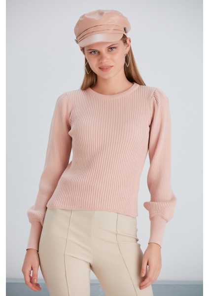 Kadın Balon Uzun Kol Pudra Rengi Spor Şık Triko Bluz modelleri