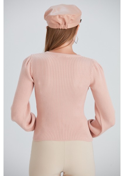 Kadın Balon Uzun Kol Pudra Rengi Spor Şık Triko Bluz fırsatları