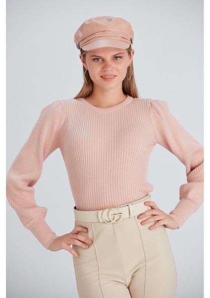 Kadın Balon Uzun Kol Pudra Rengi Spor Şık Triko Bluz indirimleri