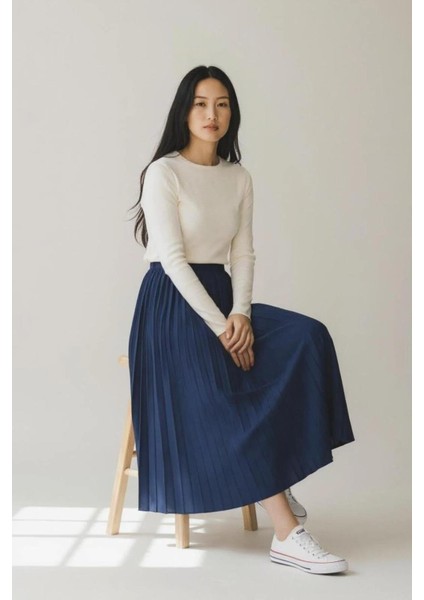 Deri Görünümlü Pileli Pamuklu Dokuma Viskon 4 Mevsim Etek(95 Cm)-(38-48)