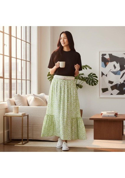 Bohem Şifon Kemerli Beli Lastikli Etek(95 Cm)-(38-50)