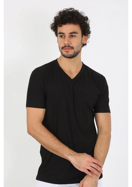 Moda Erkek V Yaka Siyah Penye Atlet