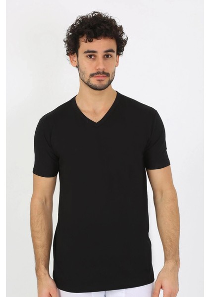 Moda Erkek V Yaka Siyah Penye Atlet modelleri