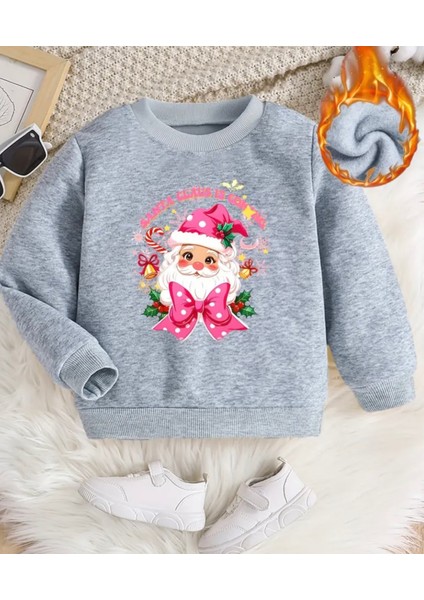 Punıx Kıds Meryy Christmas Serisi Yuvarlak Yaka Noel Baba Baskılı %100 Pamuk Kız Çocuk Sweatshırt