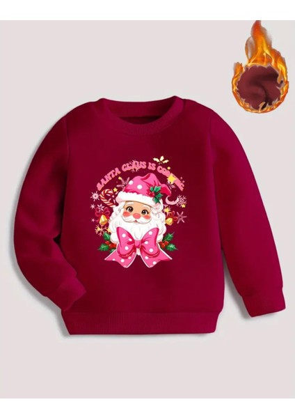 Punıx Kıds Meryy Christmas Serisi Yuvarlak Yaka Noel Baba Baskılı %100 Pamuk Kız Çocuk Sweatshırt