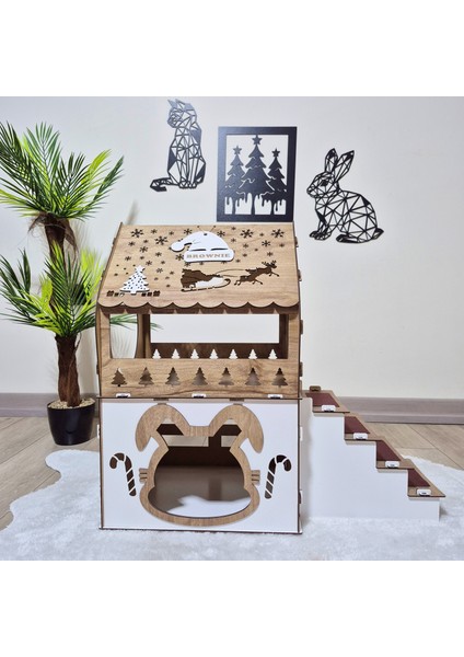 - Yılbaşı Temalı Çift Katlı Tavşan Evi, Ahşap, Keçeli Merdiven, Isimlikli – Büyük Boy (XL)