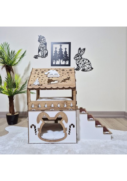 - Yılbaşı Temalı Çift Katlı Tavşan Evi, Ahşap, Keçeli Merdiven, Isimlikli – Büyük Boy (XL) fiyatları