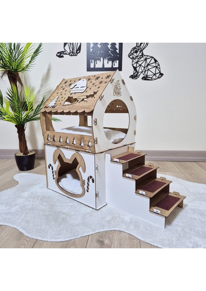- Yılbaşı Temalı Çift Katlı Tavşan Evi, Ahşap, Keçeli Merdiven, Isimlikli – Büyük Boy (XL) modelleri