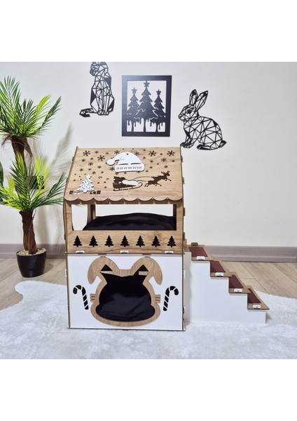 - Yılbaşı Temalı Çift Katlı Tavşan Evi, Ahşap, Keçeli Merdiven, Isimlikli – Büyük Boy (XL) indirimleri