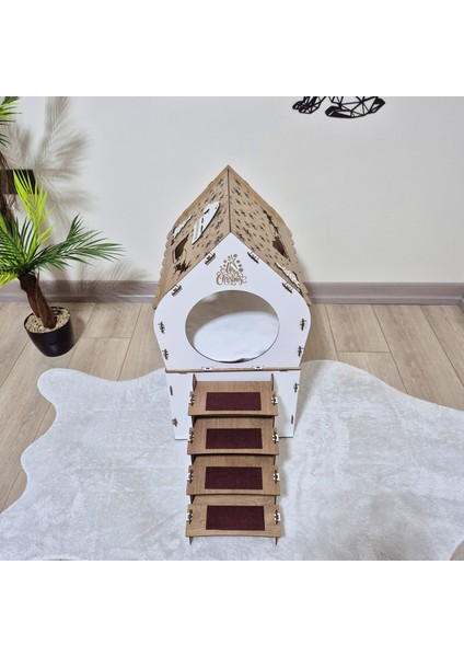 - Yılbaşı Temalı Çift Katlı Tavşan Evi, Ahşap, Keçeli Merdiven, Isimlikli – Büyük Boy (XL)