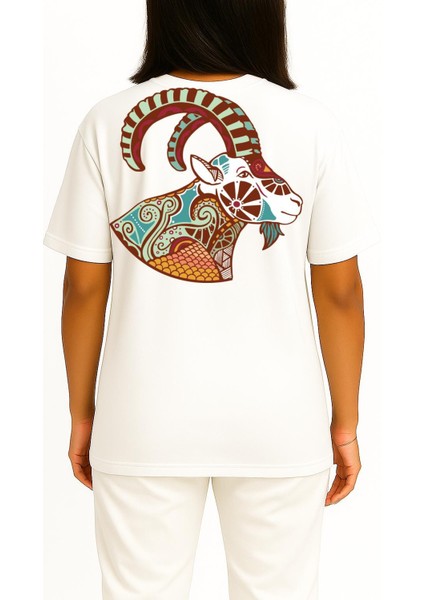 Oversize Oğlak Burç - Astroloji Cep ve Sırt Tasarımlı Unisex T-Shirt fırsatları
