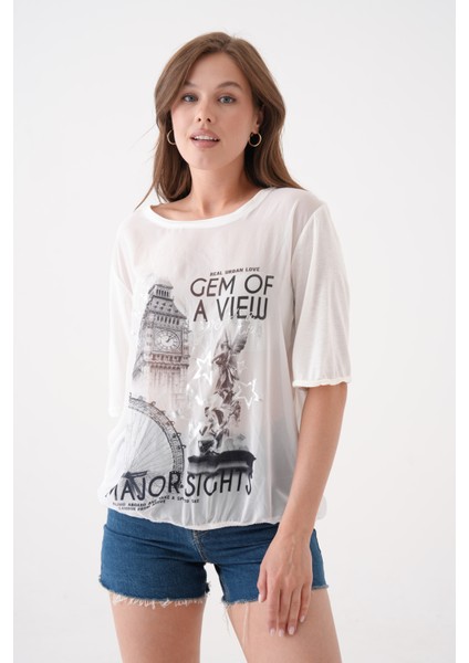 Kadın Bisiklet Yaka Kısa Kol Baskı Detaylı Spor Şık Curve Beli Lastikli Şifon Bluz