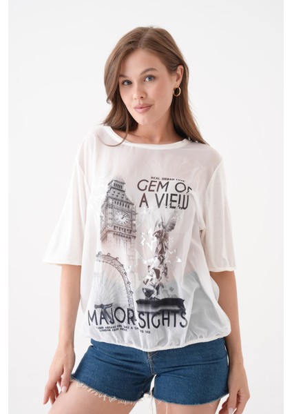 Kadın Bisiklet Yaka Kısa Kol Baskı Detaylı Spor Şık Curve Beli Lastikli Şifon Bluz fırsatları