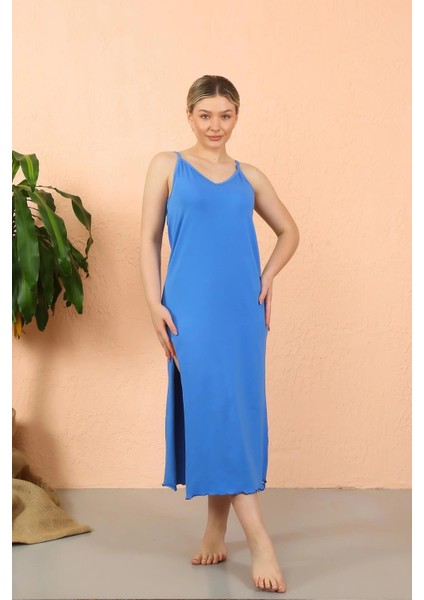 Moda Kadın Ip Askılı Yırtmaçlı Uzun Mavi Gecelik indirimleri