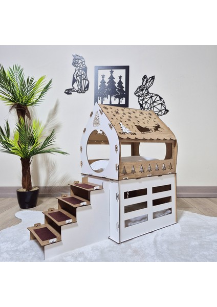 - Yılbaşı Temalı Çift Katlı Tavşan Evi, Ahşap, Keçeli Merdiven, Isimlikli – Büyük Boy (XL)