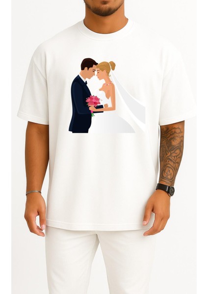 Oversize Bridegroom Marriage Wedding Invitation Göğüs Tasarımlı Unisex T-Shirt